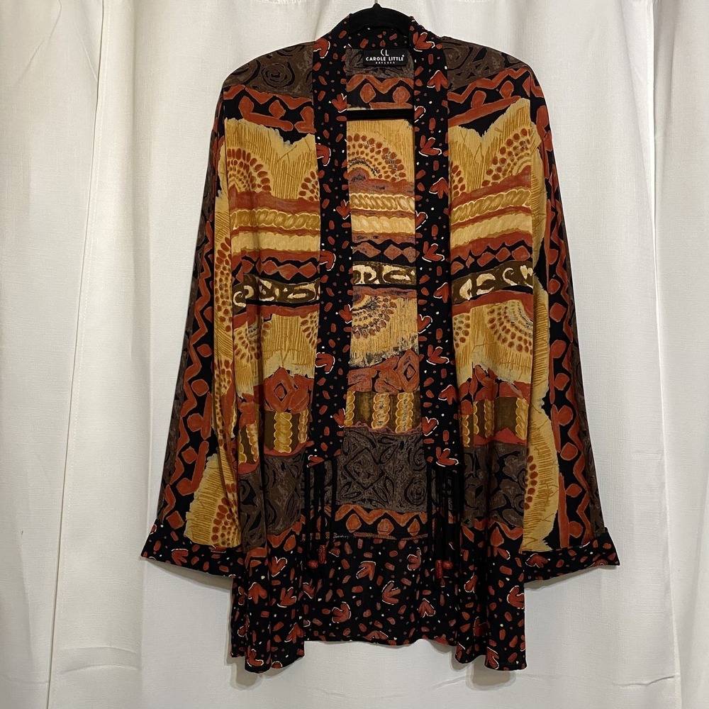 Carole Little Colorful Cardigan‎ Coat Crepe Womens Made USA Artistic Print Sz 10